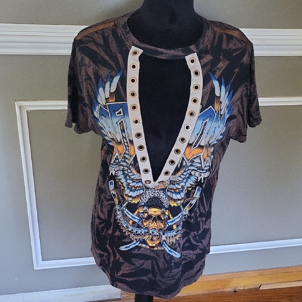 Affliction Cutout Graphic Tee - Black and Brown